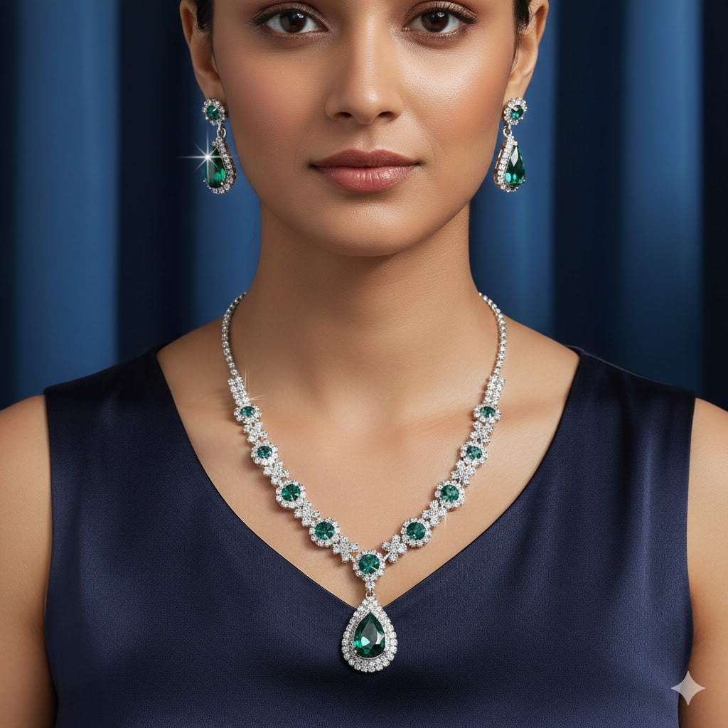 Royal Blue and Green Sapphire Crystal Necklace & Earrings Set for Women | Luxury Party & Wedding Jewellery