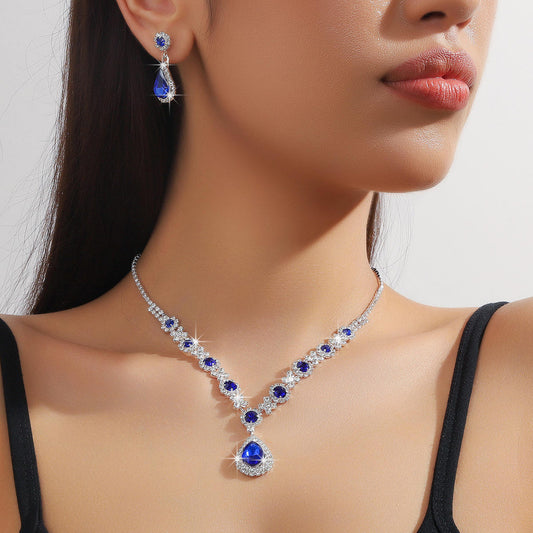 Royal Blue and Green Sapphire Crystal Necklace & Earrings Set for Women | Luxury Party & Wedding Jewellery