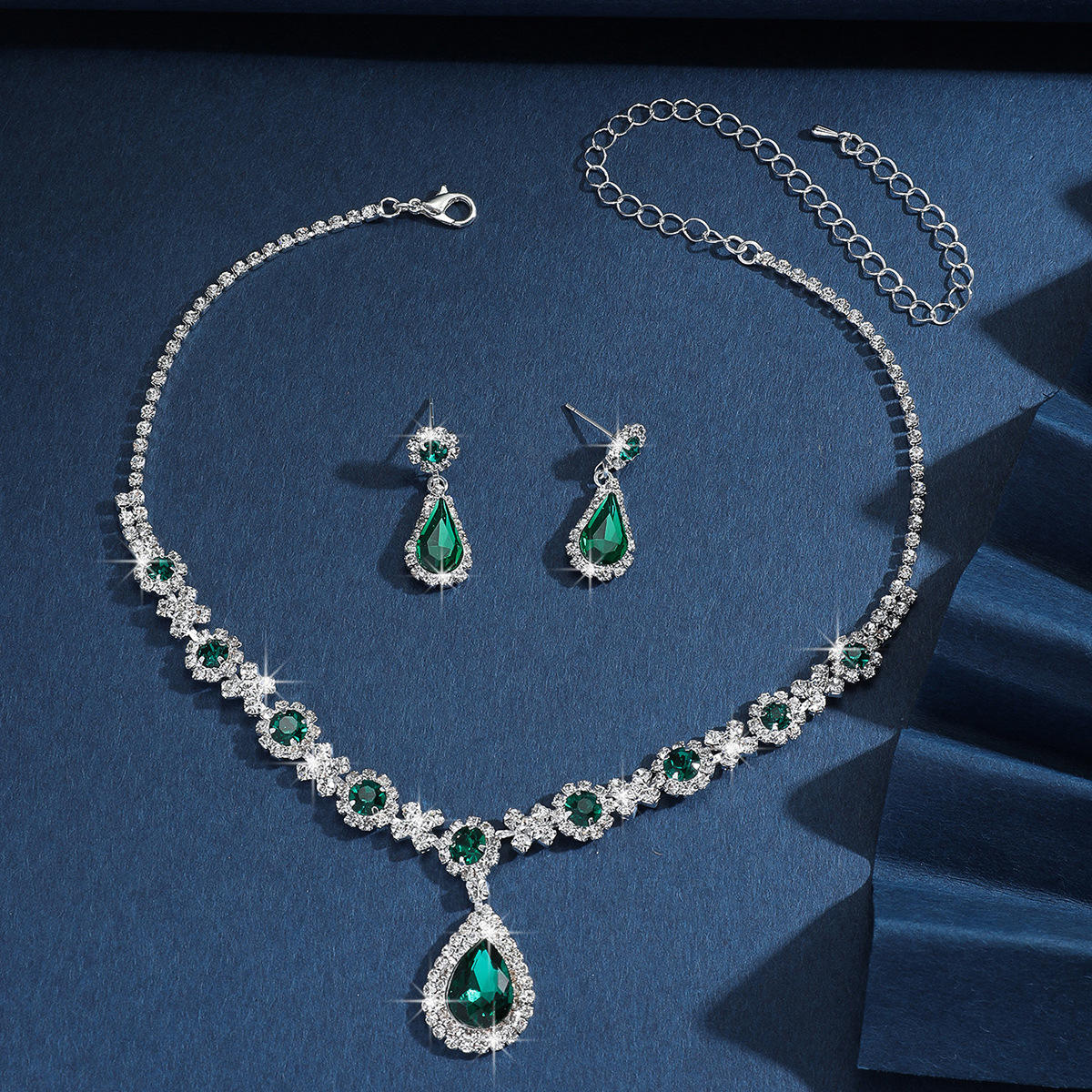 Royal Blue and Green Sapphire Crystal Necklace & Earrings Set for Women | Luxury Party & Wedding Jewellery