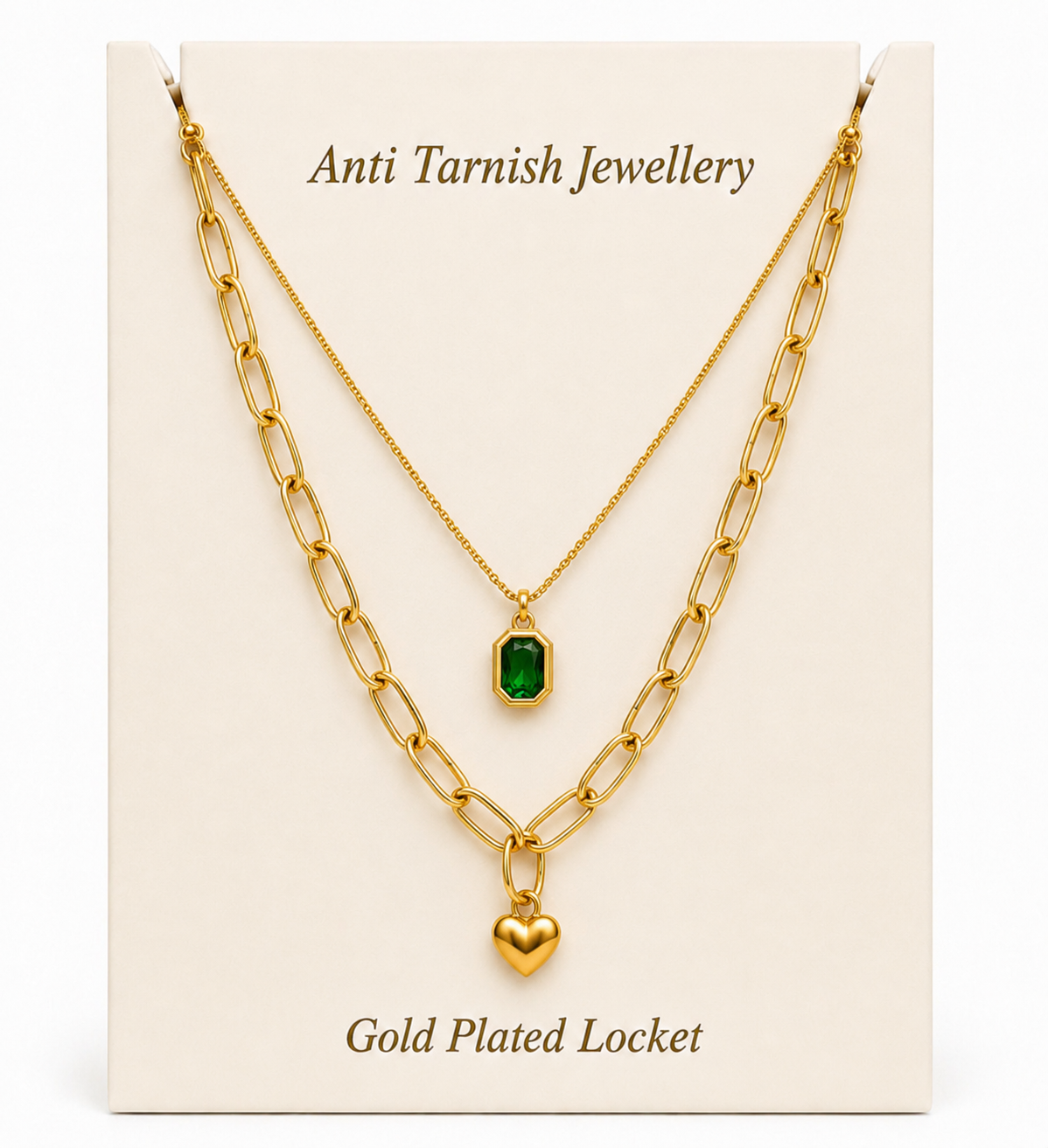 Double Layer Green Stone And Heart Pendant Necklace