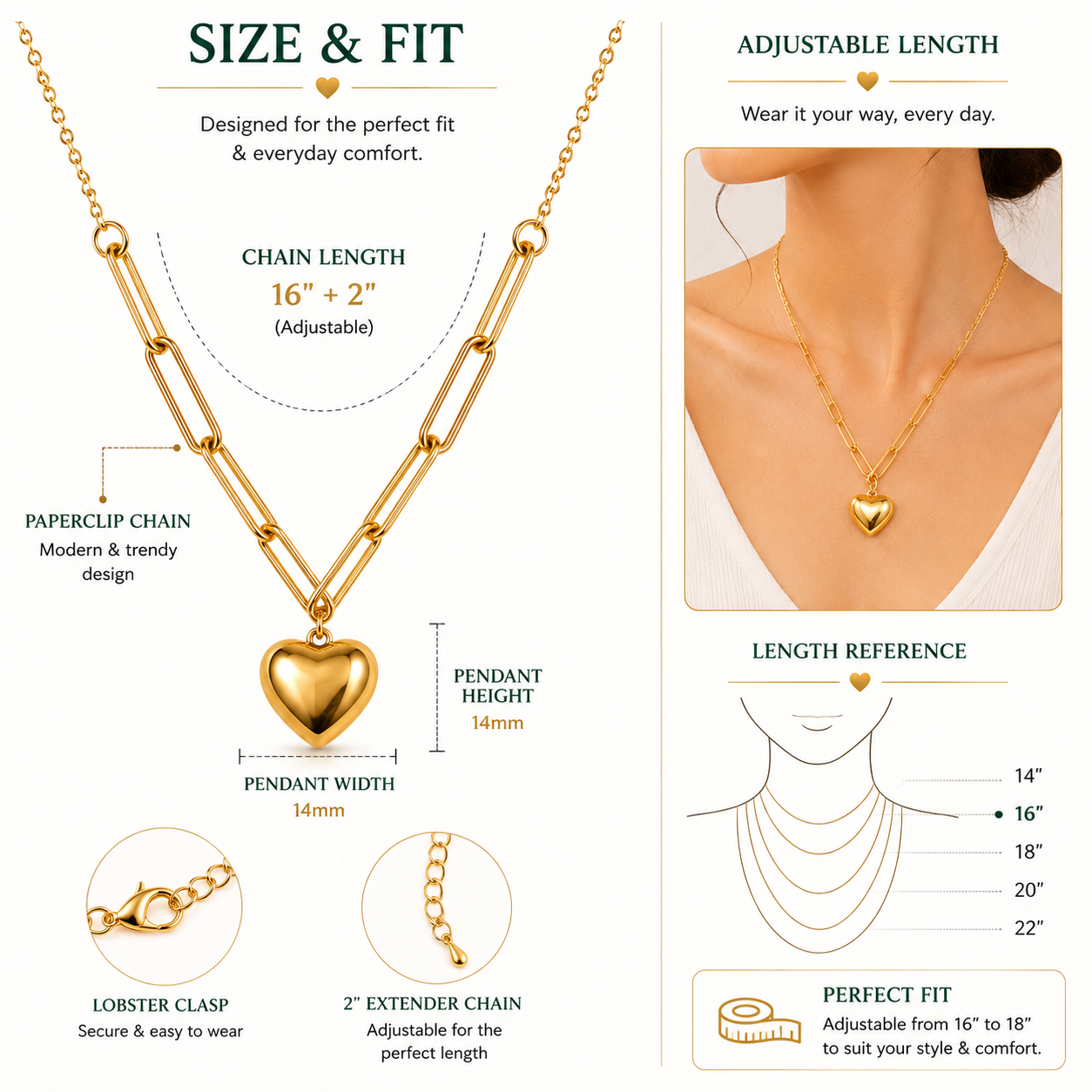 Anti Tarnish Heart Pendant Necklace