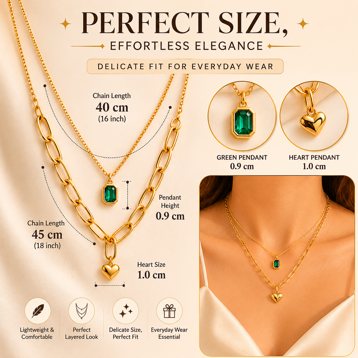 Double Layer Green Stone And Heart Pendant Necklace