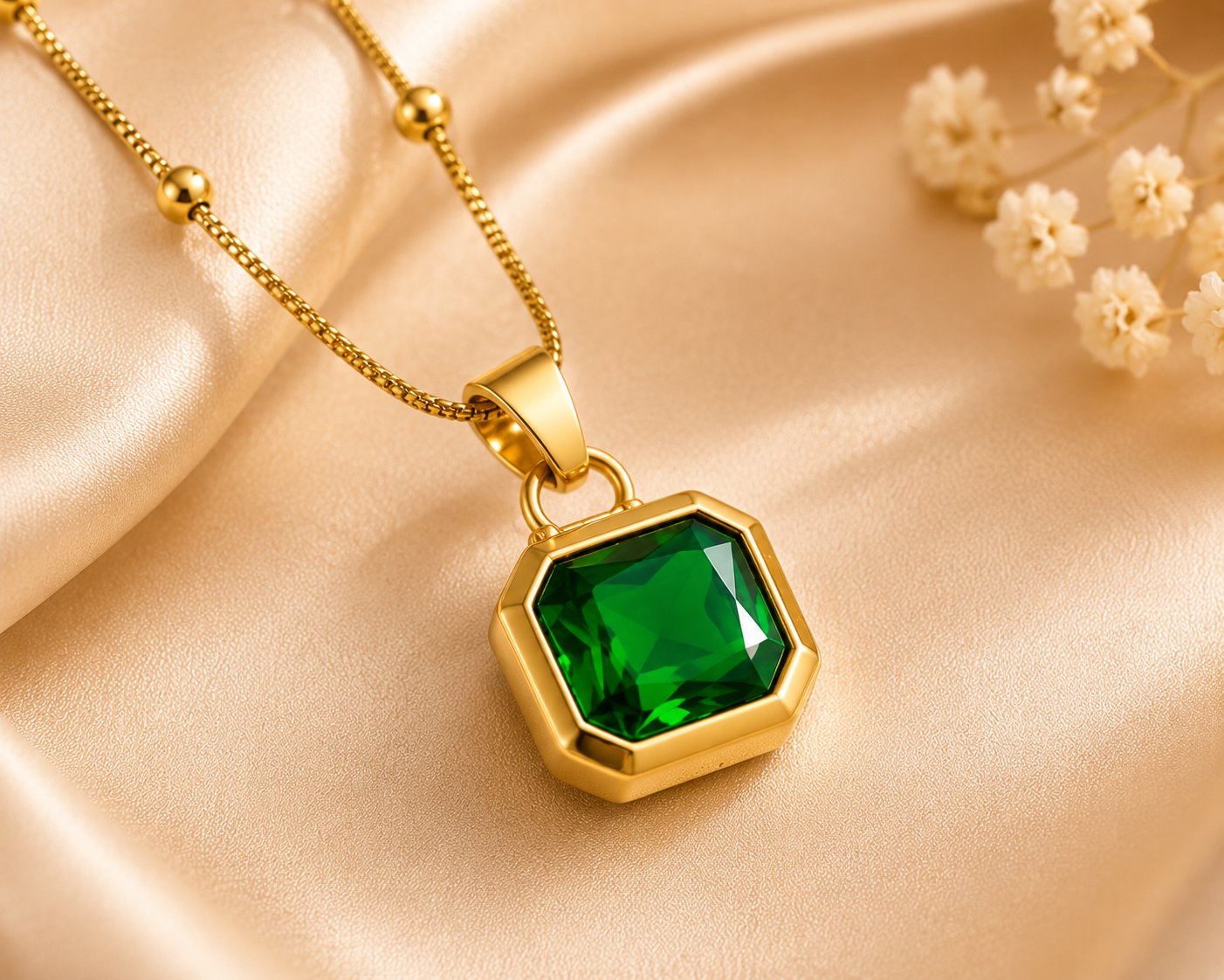Anti Tarnish Green Stone Pendant Necklace