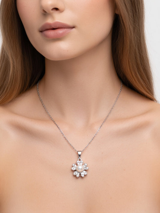 Silver Pearl Flower Necklace