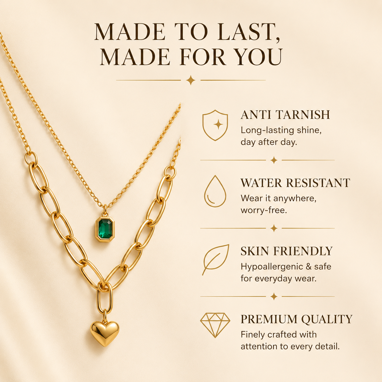 Double Layer Green Stone And Heart Pendant Necklace