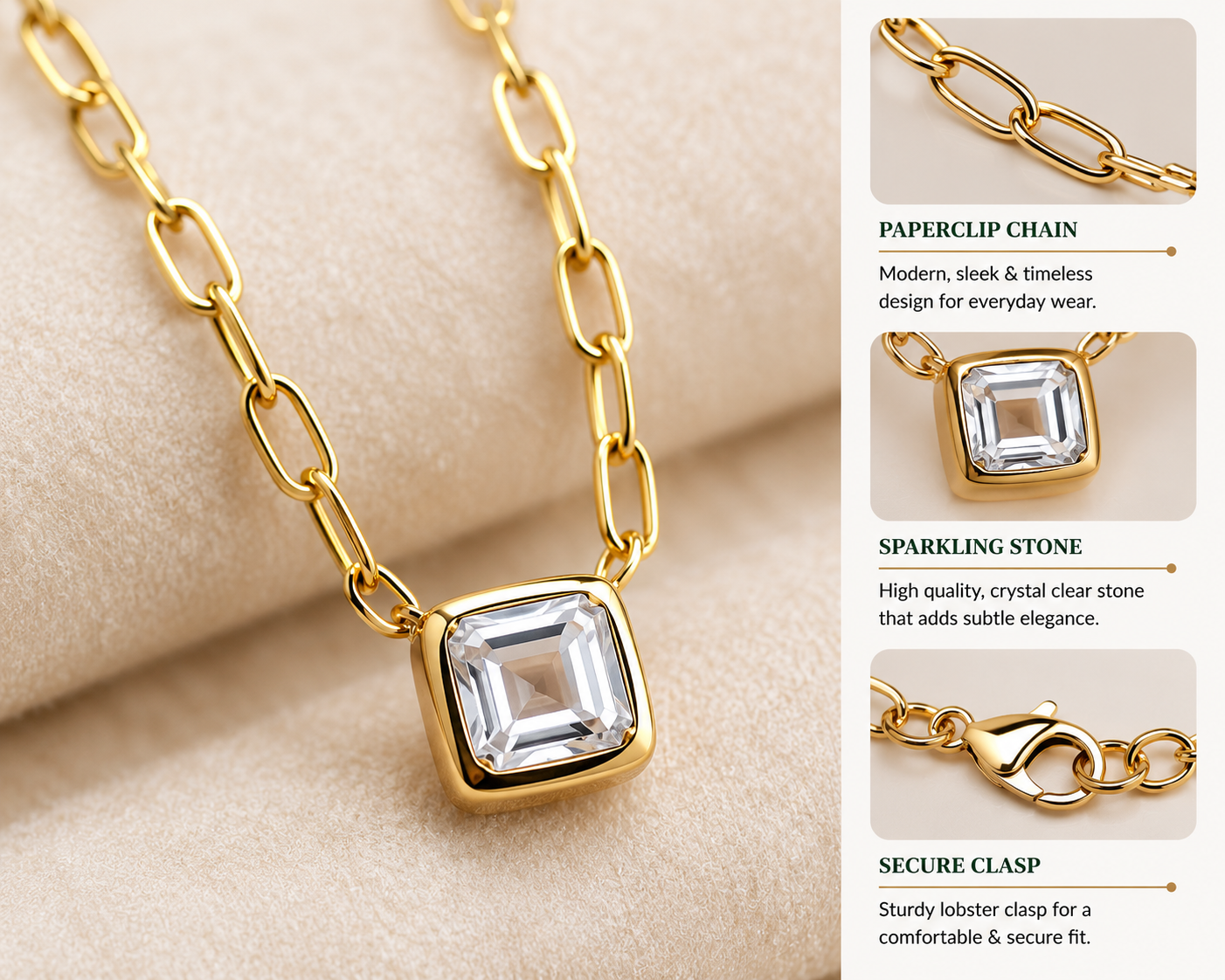 Anti Tarnish Square Stone Pendant Necklace