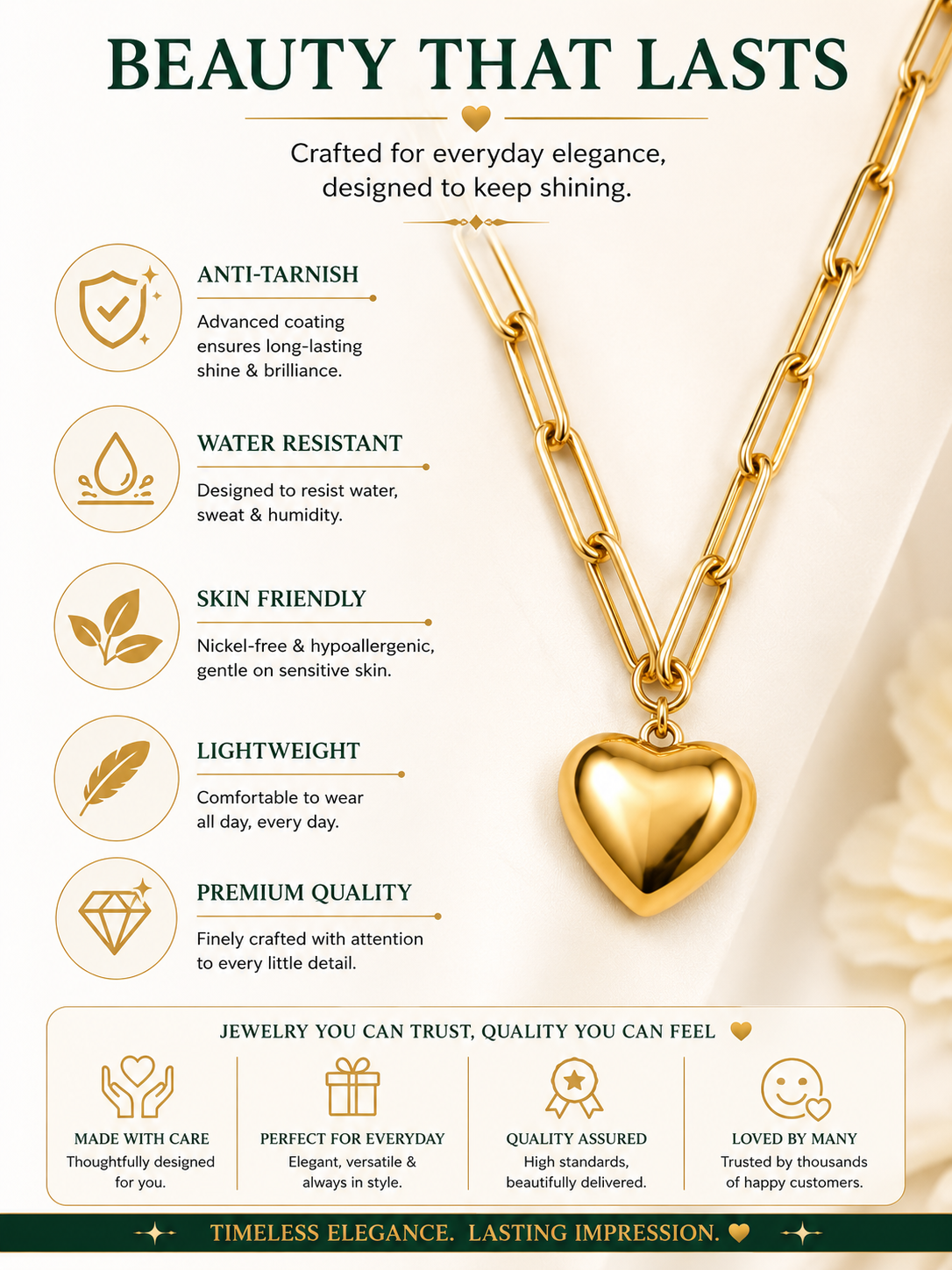 Anti Tarnish Heart Pendant Necklace