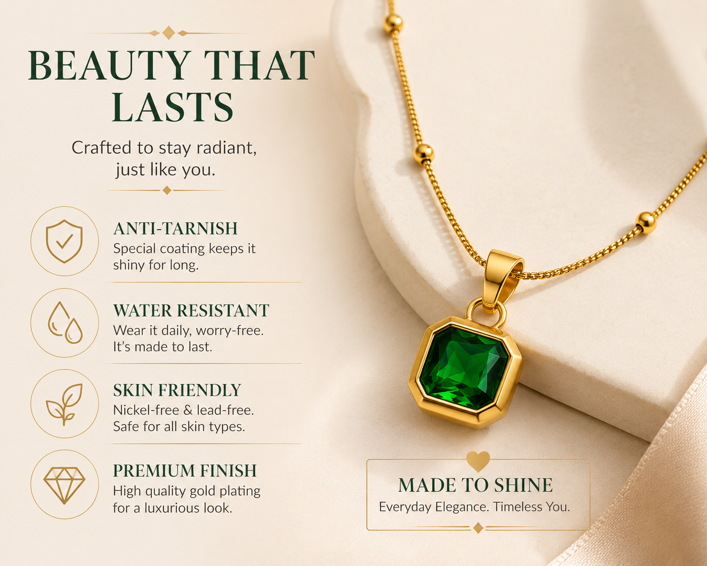 Anti Tarnish Green Stone Pendant Necklace