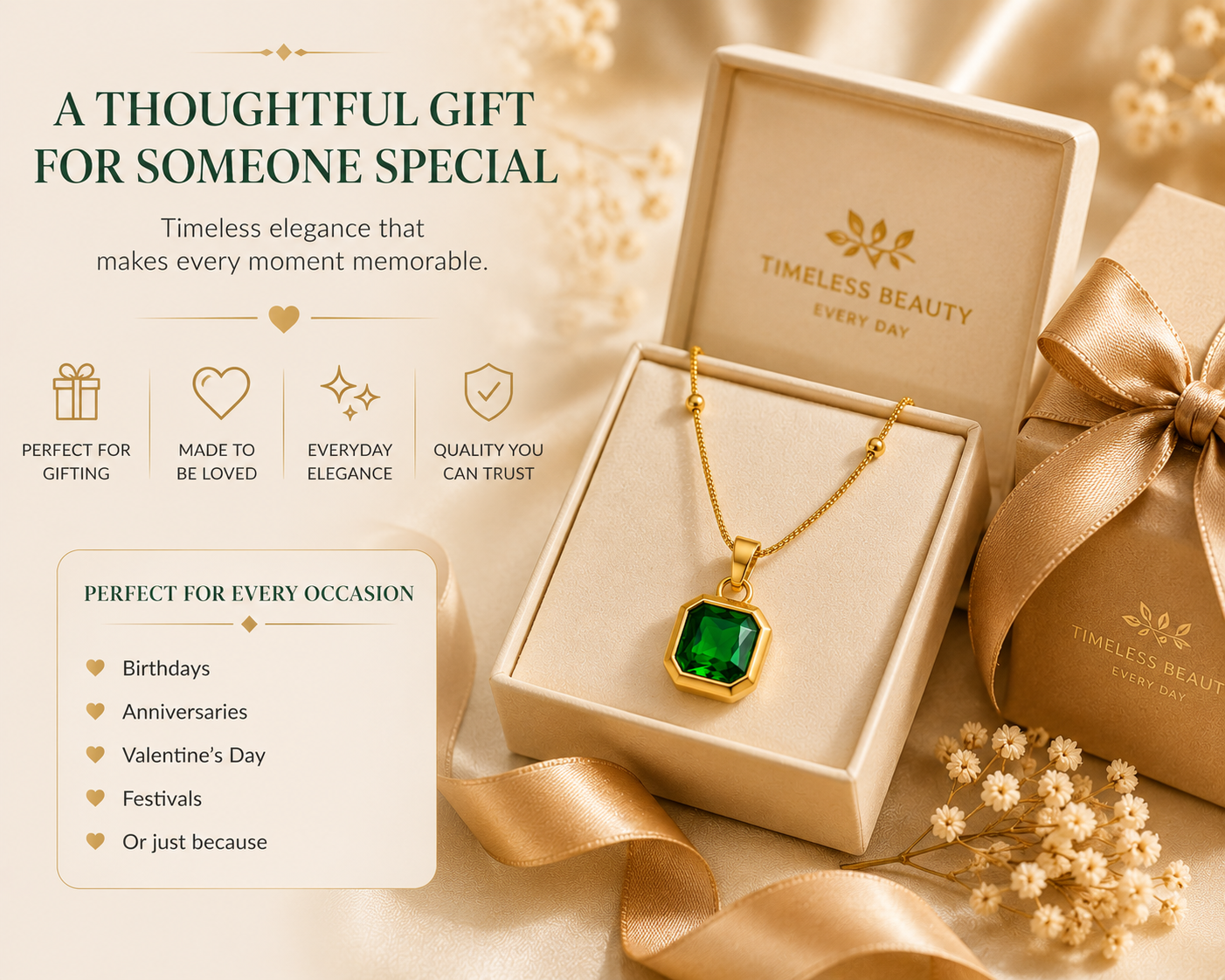 Anti Tarnish Green Stone Pendant Necklace