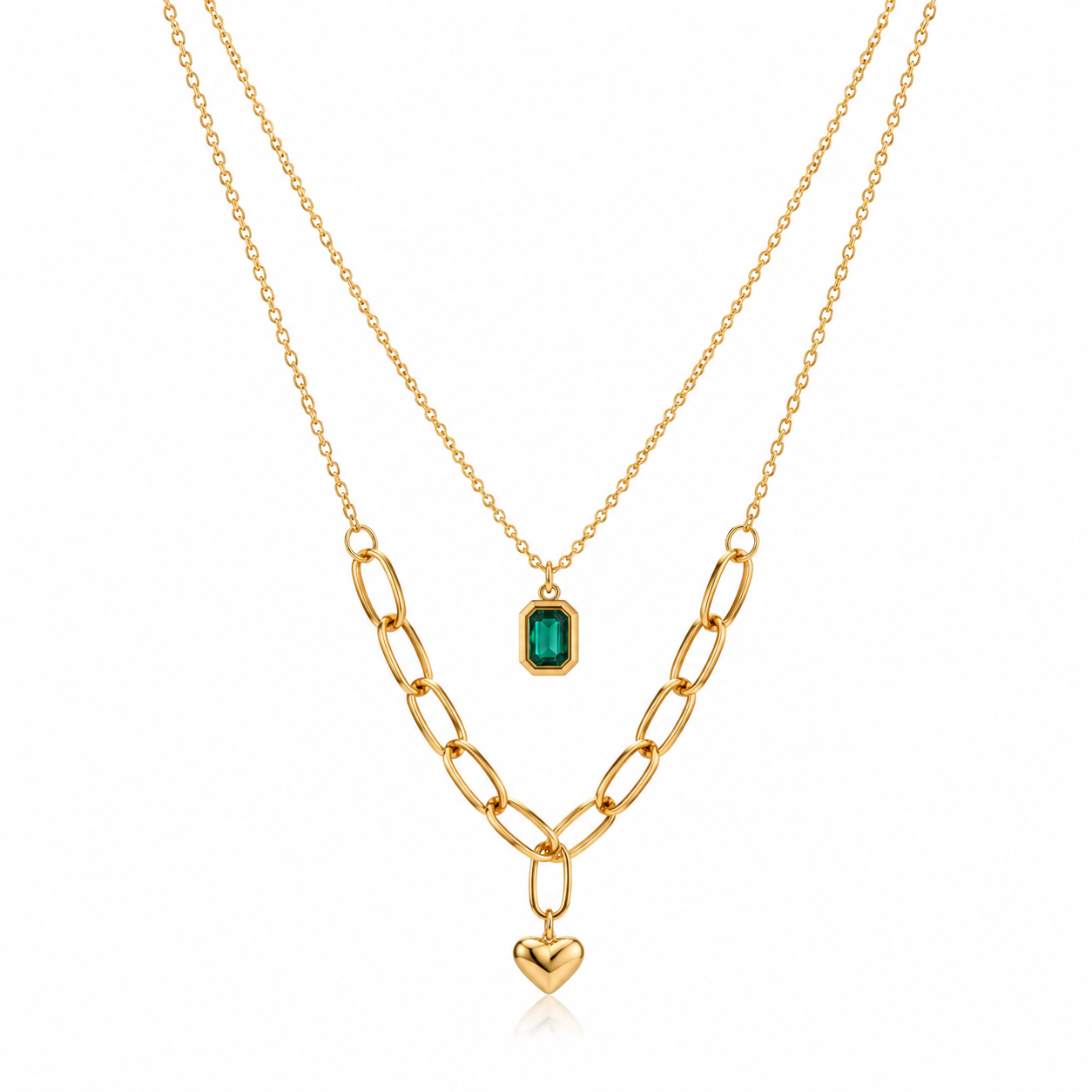Double Layer Green Stone And Heart Pendant Necklace