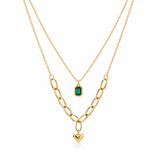Double Layer Green Stone And Heart Pendant Necklace