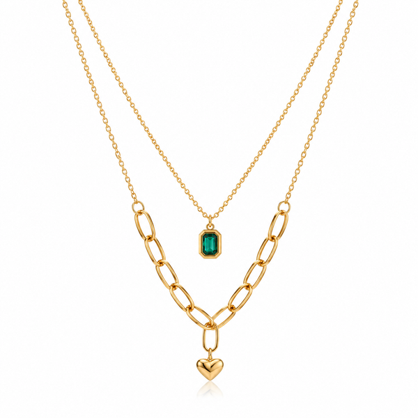 Double Layer Green Stone And Heart Pendant Necklace