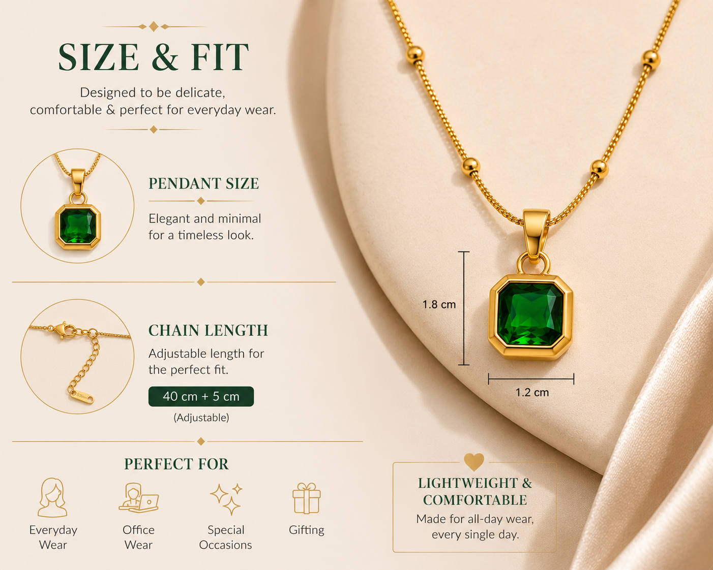 Anti Tarnish Green Stone Pendant Necklace