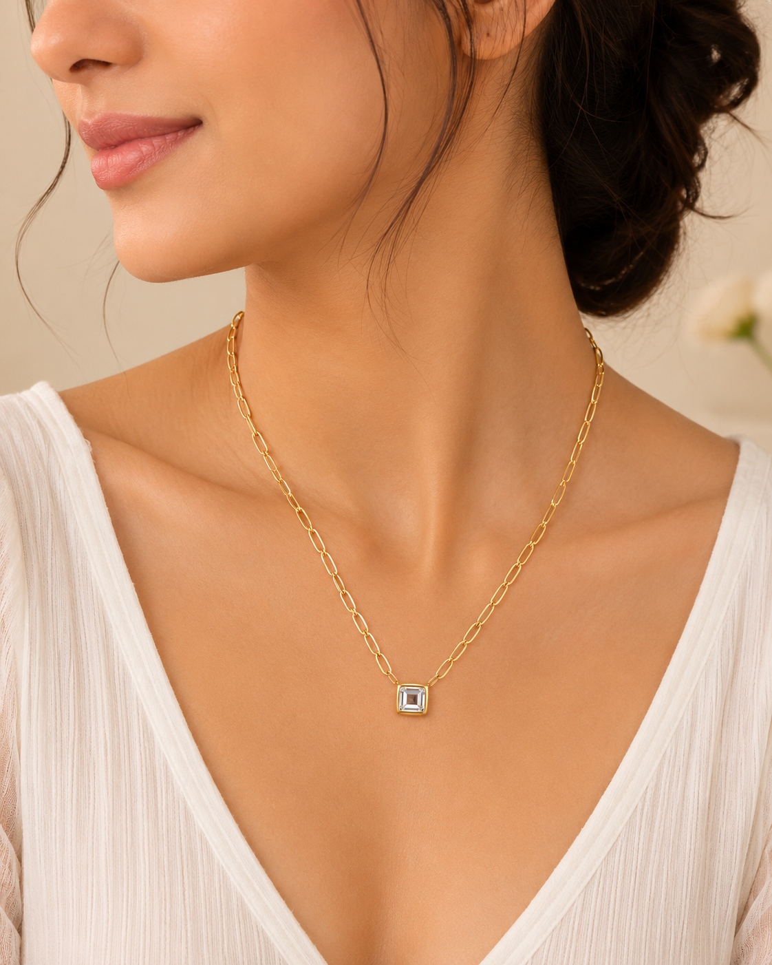 Anti Tarnish Square Stone Pendant Necklace