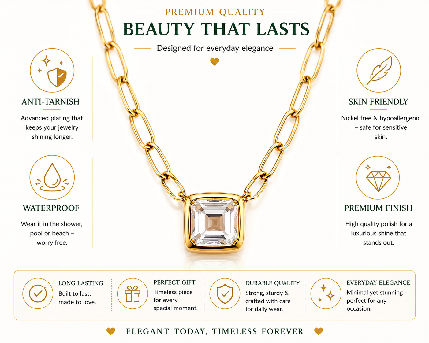 Anti Tarnish Square Stone Pendant Necklace