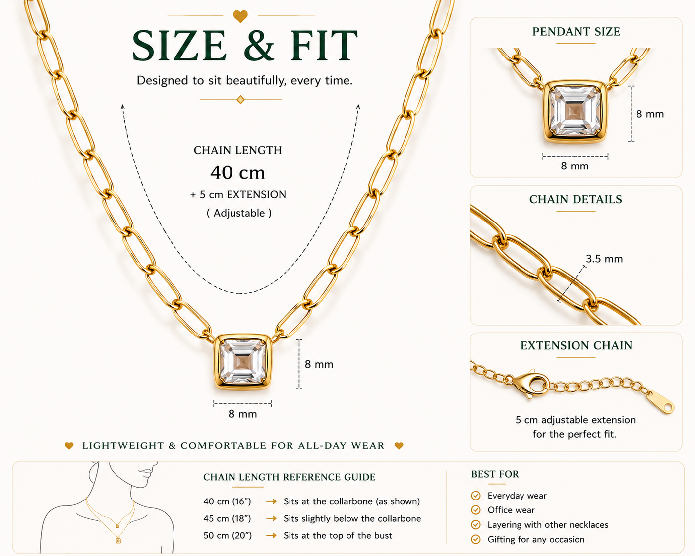 Anti Tarnish Square Stone Pendant Necklace