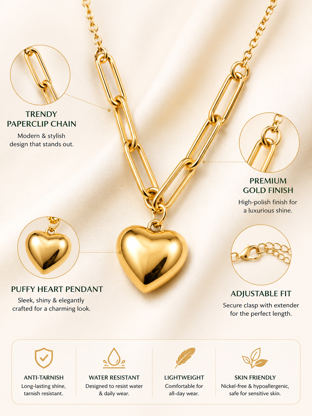 Anti Tarnish Heart Pendant Necklace