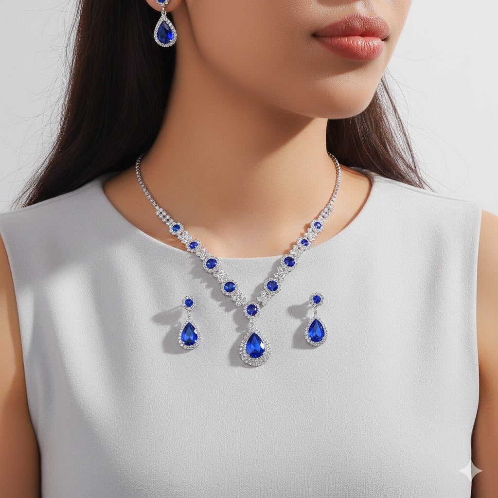 Royal Blue and Green Sapphire Crystal Necklace & Earrings Set for Women | Luxury Party & Wedding Jewellery