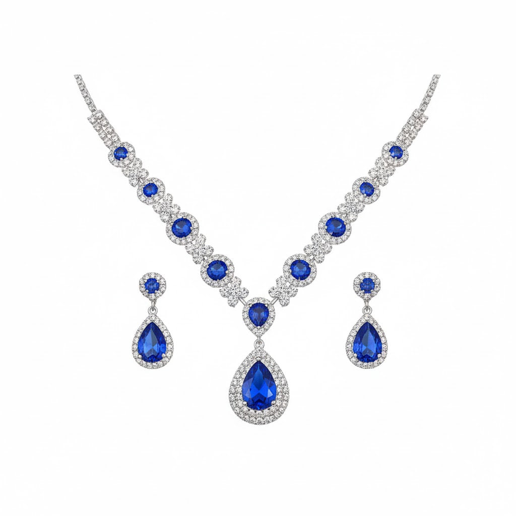 Royal Blue and Green Sapphire Crystal Necklace & Earrings Set for Women | Luxury Party & Wedding Jewellery
