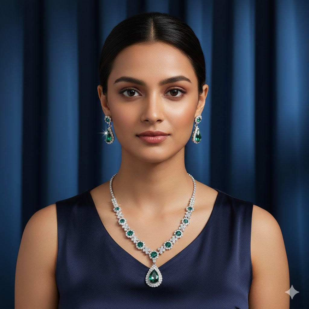 Royal Blue and Green Sapphire Crystal Necklace & Earrings Set for Women | Luxury Party & Wedding Jewellery