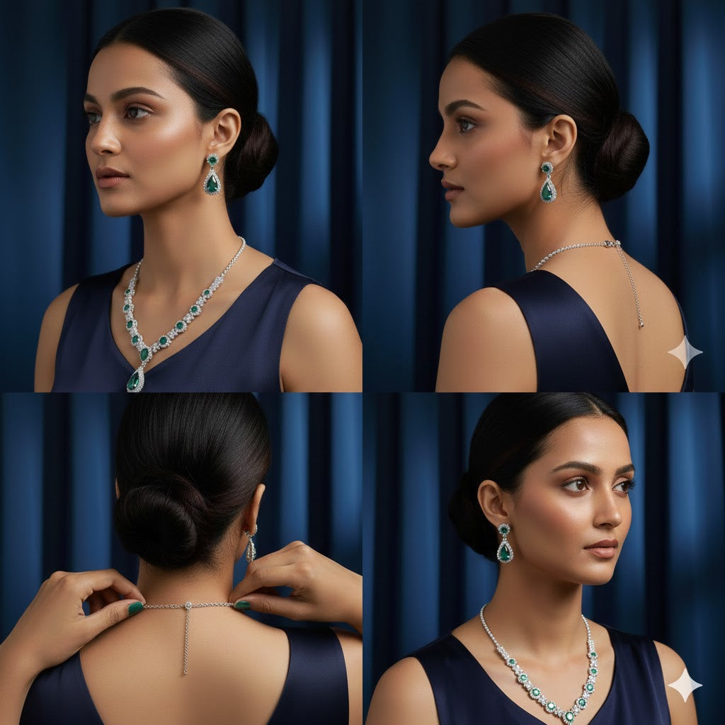 Royal Blue and Green Sapphire Crystal Necklace & Earrings Set for Women | Luxury Party & Wedding Jewellery